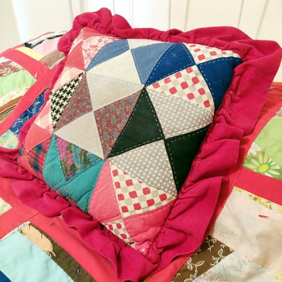 Vintage Patchwork Ruffle Pillow Bright Red Groovy Prints Flowers Stars Check BOH - Picture 2 of 12